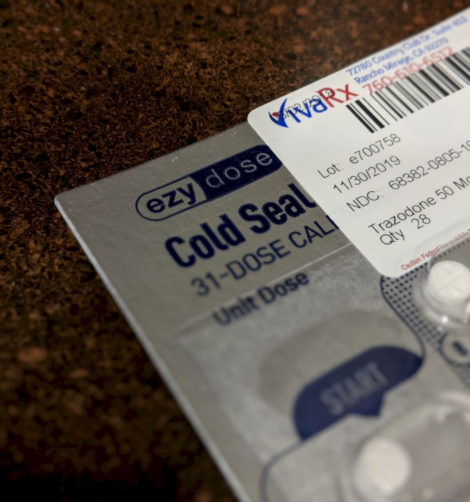 The image shows packaging for cold seal medications, with a prescription label partially covering it. There are white pills in the blister pack.