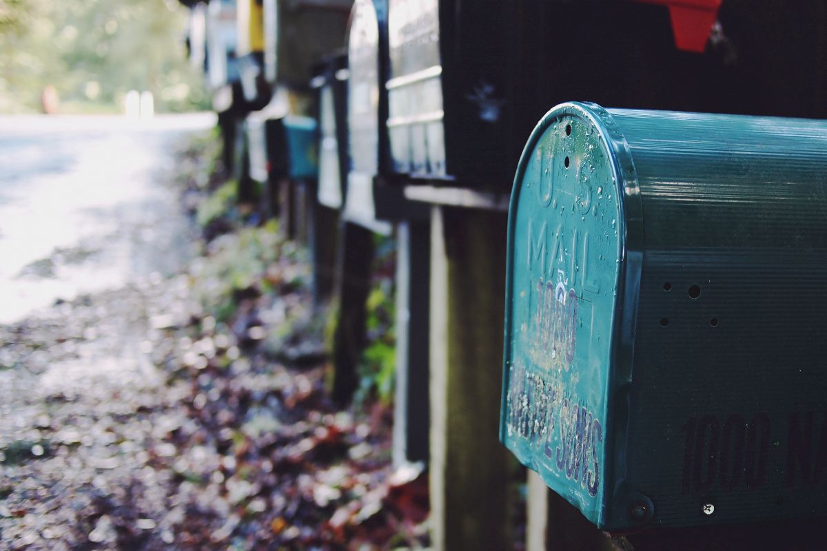 A row of mailboxes placed along a rural roadside, with foliage and the road visible in the background.